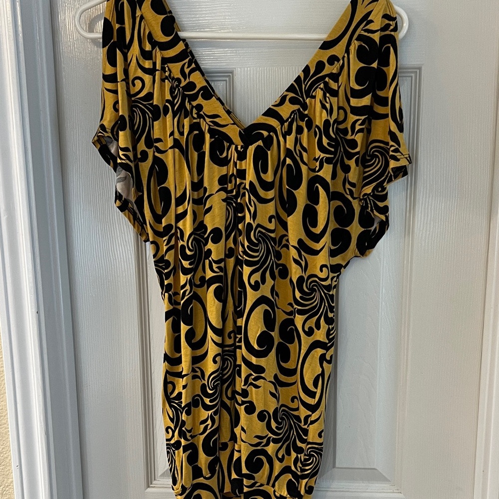 INC International Concepts Black and Gold Swirl V-Neck Blouse